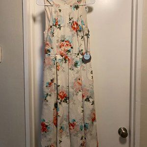 Eva Franco White Multicolor Floral Textured Pleated Fit & Flair